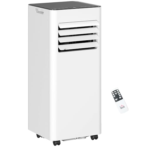 HOMCOM Mobile Klimaanlage 3-in-1 Klimagerät mit Kühlung, Luftentfeuchter, Ventilator, Abluftschlauch, 7000BTU 2,1KW Luftkühler mit 2 Geschwindigkeiten, Timer, Fernbedienung, Kindersicherung, Weiß von HOMCOM