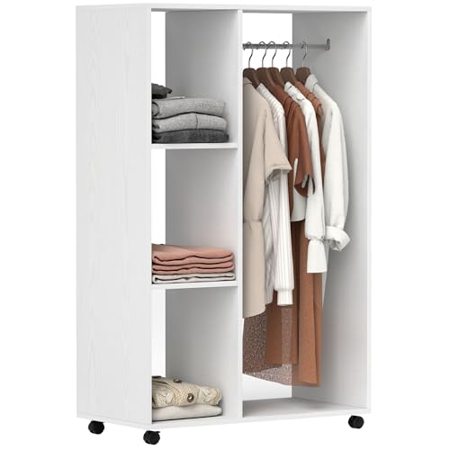 HOMCOM Kleiderschrank auf Rollen, Mobile Garderobe, 1 Kleiderstange, 3 Regale, Garderobenschrank, Rollbarer Kleiderständer für Flur, Schlafzimmer, 80 x 40 x 128 cm, Weiß HOMCOM Kleiderschrank auf Rollen, Mobile Garderobe, 1 Kleiderstange, 3 Regale, Garderobenschrank, Rollbarer Kleiderständer für Flur, Schlafzimmer, 80 x 40 x 128 cm, Weiß von HOMCOM