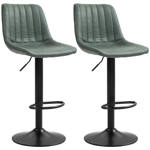 HOMCOM Moderne Barhocker 2er-Set, höhenverstellbare Bar-Drehstühle mit Rückenlehne, Gaslift und Fußstütze, Mikrofaser-Barhocker für Frühstückstheke, Kücheninsel, Grün von HOMCOM