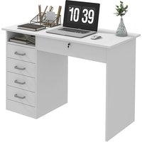 HOMCOM Moderne Computertisch Schreibtisch mit 5 Schubladen, großer Tischplatte, 1 offenes Fach, abschließbare Schublade, 110 x 50 x 76 cm, Weiß   Aosom von HOMCOM