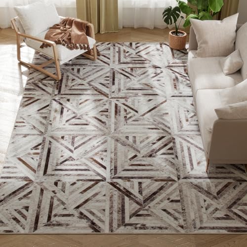 HOMCOM Moderner Flächenteppich, Dreiecksmuster rutschfester waschbarer Teppich, Chenille Bodenteppich für Wohnzimmer, Schlafzimmer, Esszimmer, Home Office, 290 x 200 cm, Braun von HOMCOM