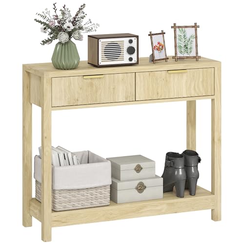 HOMCOM Moderner Konsolentisch mit geriffelten Paneelschubladen, schmaler Flurtisch mit Ablage für Eingangsbereich, Wohnzimmer, 90 x 30 x 76 cm, Naturholz-Finish von HOMCOM