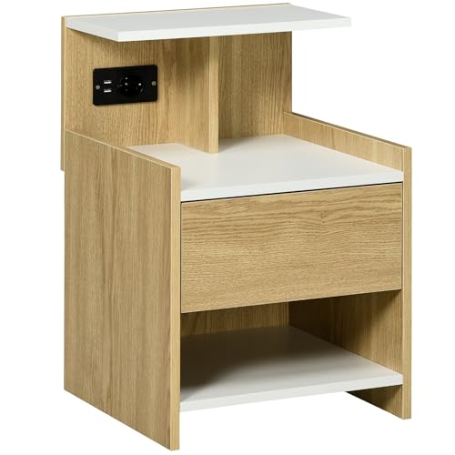 HOMCOM Moderner Nachttisch mit USB-Anschlüssen Steckdose Schublade und Ablagen für Schlafzimmer Wohnzimmer 40x40x60 cm Natur von HOMCOM
