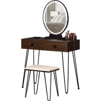 HOMCOM Moderner Schminktisch mit LED-Spiegel - Integrierte einstellbare LED-Beleuchtung - Inklusive Hocker - Schwarzer Metallrahmen - 2 Schubladen + 1 Lippenstift-Organizer in Dunkelwalnuss-Optik Aosom HOMCOM Moderner Schminktisch mit LED-Spiegel - Integrierte einstellbare LED-Beleuchtung - Inklusive Hocker - Schwarzer Metallrahmen - 2 Schubladen + 1 Lippenstift-Organizer in Dunkelwalnuss-Optik Aosom von HOMCOM