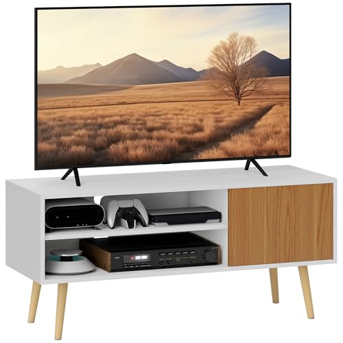 HOMCOM Moderner TV-Schrank für Wohnzimmer mit 2 offenen Fächern, 1 Tür und Kabeldurchführung für Fernseher von 140 cm (55 Zoll), 110 x 40 x 50 cm, Weiß und Natur von HOMCOM