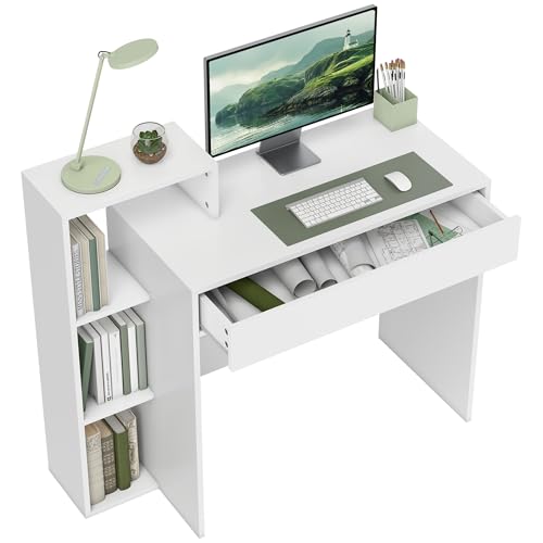 HOMCOM Moderner platzsparender Schreibtisch mit 3 offenen Regalen und großer Schublade, Schreibtisch mit Bücherregal, Computertisch für Büro, Arbeitszimmer und Schlafzimmer, 100 x 40 x 90 cm, Weiß HOMCOM Moderner platzsparender Schreibtisch mit 3 offenen Regalen und großer Schublade, Schreibtisch mit Bücherregal, Computertisch für Büro, Arbeitszimmer und Schlafzimmer, 100 x 40 x 90 cm, Weiß von HOMCOM