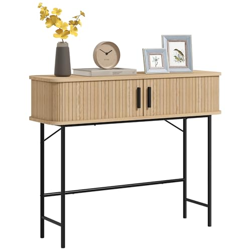 HOMCOM Möbelkonsole, Konsolentisch, Eingangskonsole, Eingangstisch mit Schiebetüren und Füßen aus Stahl, Sofaspitze für Wohnzimmer, Eiche und Schwarz HOMCOM Möbelkonsole, Konsolentisch, Eingangskonsole, Eingangstisch mit Schiebetüren und Füßen aus Stahl, Sofaspitze für Wohnzimmer, Eiche und Schwarz von HOMCOM