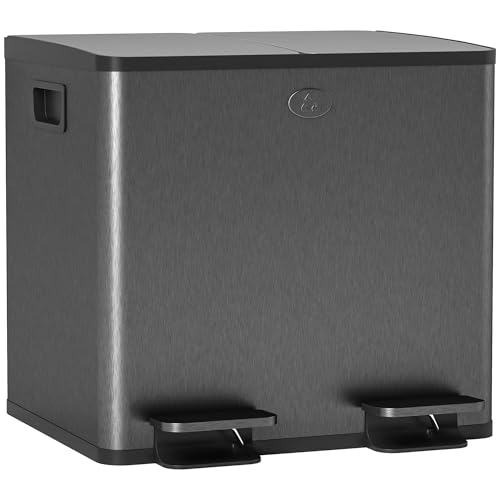 HOMCOM Mülleimer 2 x 15L Abfalleimer aus Edelstahl Mülltrennsystem mit Softclose Deckel, Herausnehmbare Inneneimer, Deodorant-Fächern Treteimer für Wohnung, Schwarz von HOMCOM