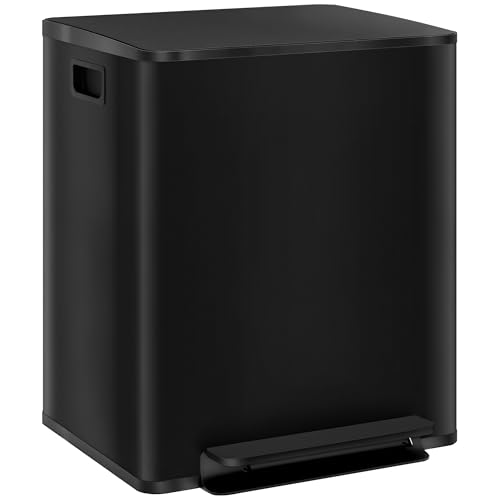 HOMCOM Mülleimer 2 x 25 L Treteimer mit Softclose-Deckel und Pedal Mülltrennsystem 2 Fächer, recycelbare Abfälle, Edelstahl, Schwarz, 47,7 x 37,5 x 56 cm von HOMCOM
