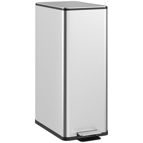 HOMCOM Mülleimer 20 L Treteimer mit Softclose-Deckel und Pedal Abfalleimerinkl. Inneneimer Abfallsammler, Edelstahl für Bad, Schlaf- oder Wohnzimmer, Silber, 21,5 x 37,2 x 57 cm von HOMCOM
