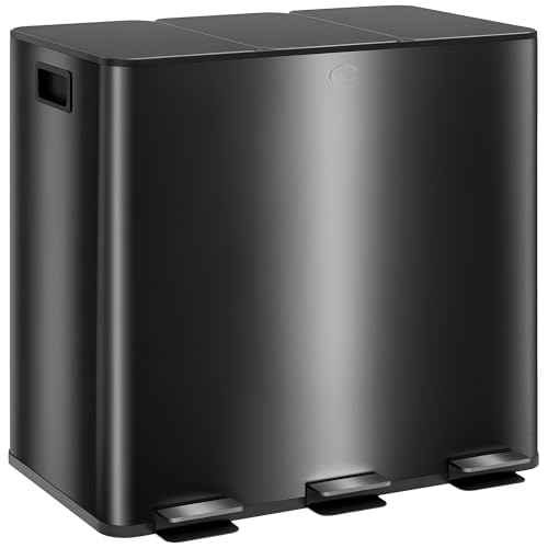 HOMCOM Mülleimer 3 x 15L Abfalleimer aus Edelstahl Mülltrennsystem mit Softclose Deckel und Herausnehmbare Inneneimer, Treteimer mit Deodorant-Fächern für Wohnzimmer, Büro, Schwarz von HOMCOM