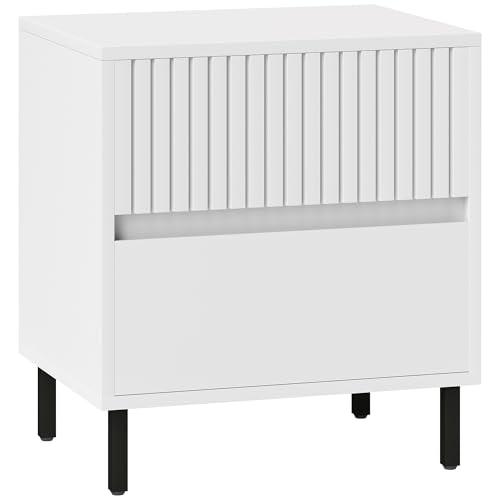 HOMCOM Nachttisch, Beistelltisch mit 2 Schubladen, Nachttischschrank mit Stauraum und Stahlbeinen für Schlafzimmer, Wohnzimmer, Weiß von HOMCOM