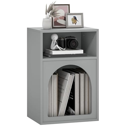 HOMCOM Nachttisch, Moderner Nachttisch mit 2 offenen Fächern und einzigartigem Bogen-Design, Beistelltisch für Wohnzimmer, Schlafzimmer, Grau von HOMCOM