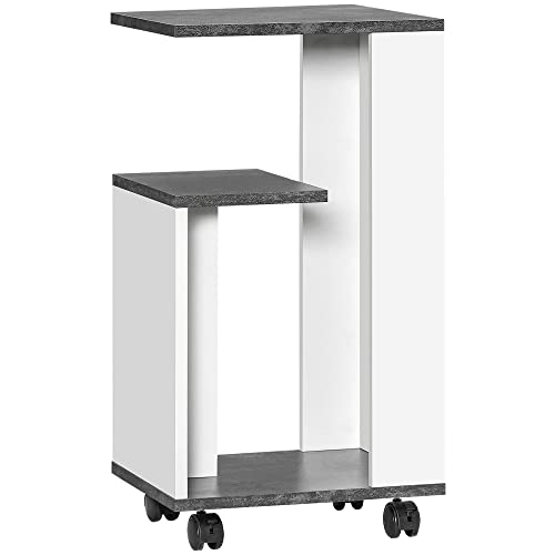 HOMCOM Nachttisch Beistelltisch mit Rollen Couchtisch Kaffeetisch in modernem Design Sofatisch mit 3 Regalen für Schlafzimmer Wohnzimmer Grau Weiß 35 x 29,5 x 65,5 cm von HOMCOM