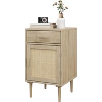 HOMCOM Nachttisch Beistelltisch mit Schrank und geflochtener Rattantür + 1 Schublade Bohème Design - 40 x 40 x 68,5 cm Natur   Aosom von HOMCOM