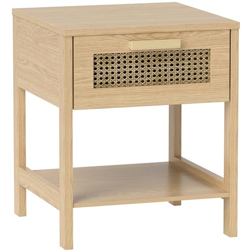 HOMCOM Nachttisch Beistelltisch mit Schublade, Ablage, Nachtschrank mit Rattan-Design Sofatisch für Schlafzimmer, Wohnzimmer, Natur 40 x 40 x 48,4 cm von HOMCOM