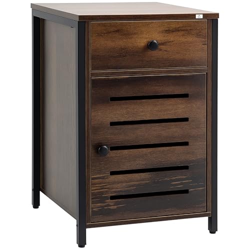 HOMCOM Nachttisch Nachtschrank mit Schublade und Schrank Nachtkommode Beistelltisch im Industrie-Design für Wohnzimmer Schlafzimmer Spanplatte Stahl Rustikal-Braun 40 x 40 x 60 cm von HOMCOM