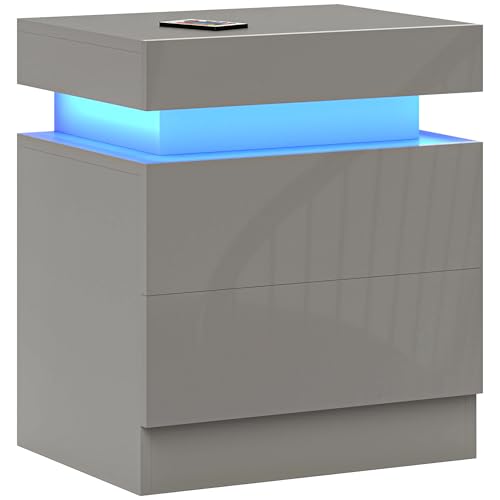 HOMCOM Nachttisch mit 2 Schubladen und LED-Leuchten, Grau, 42 cm x 56 cm x 21.5 cm von HOMCOM
