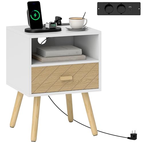 HOMCOM Nachttisch mit Ladestation, Nachttisch mit Schublade, 2 AC-Steckdosen, USB- und C-Typ-Anschluss, offenes Fach, Holzbeine, für Wohnzimmer, Schlafzimmer, weiß von HOMCOM
