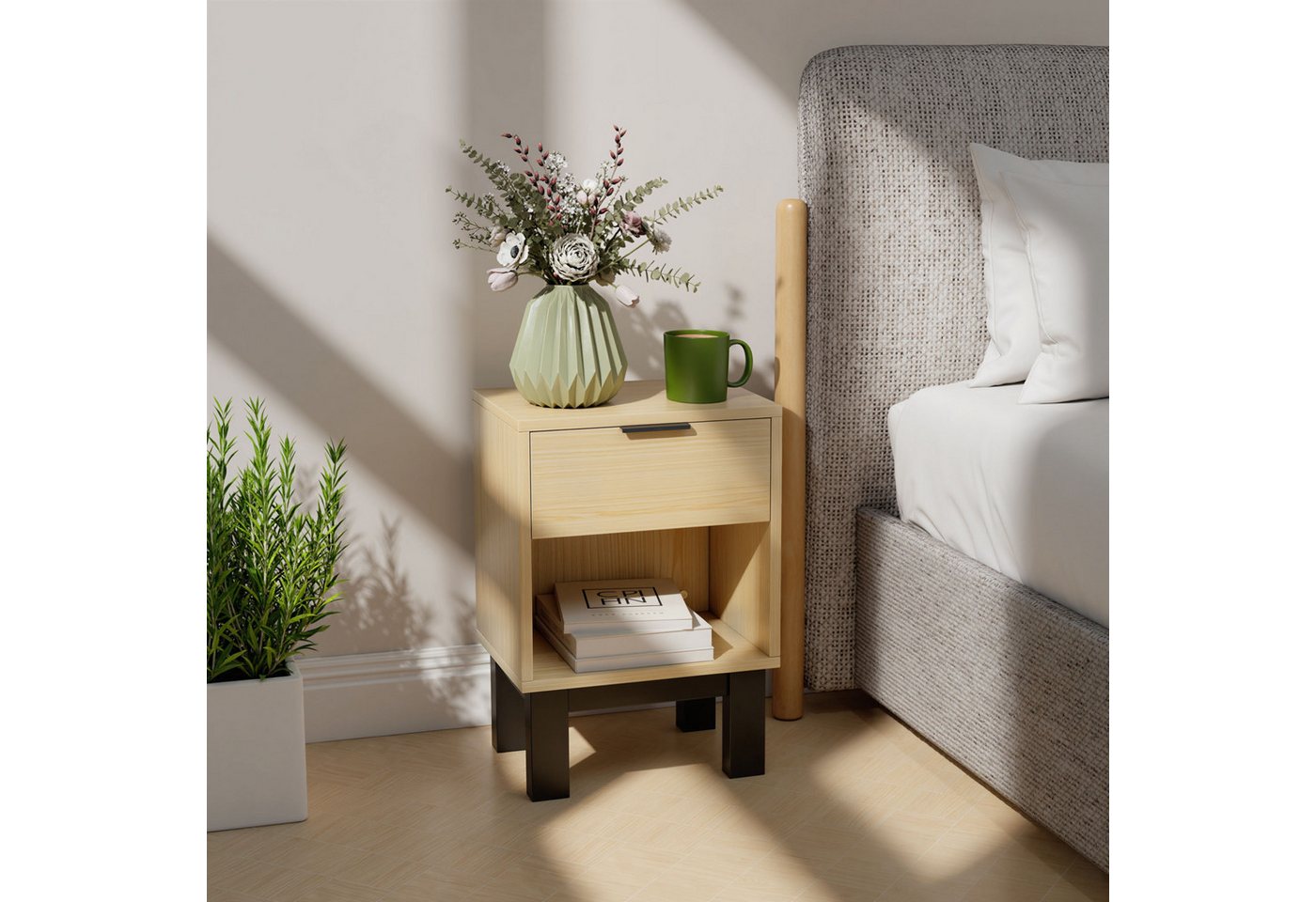 HOMCOM Nachttisch mit Schublade, offenes Fach (Nachtschrank, 1-St., Nachtkommode), für Schlafzimmer, Wohnzimmer, Eiche, 35 x 26 x 50 cm von HOMCOM