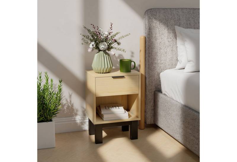 HOMCOM Nachttisch mit Schublade, offenes Fach (Nachtschrank, 1-St., Nachtkommode), für Schlafzimmer, Wohnzimmer, Eiche, 35 x 26 x 50 cm von HOMCOM