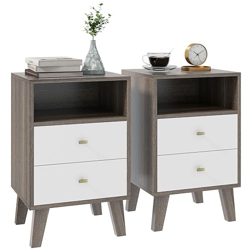 HOMCOM Nachttische 2er Set, Moderner Nachttisch mit 2 Schubladen und offenem Fach, Sofa Beistelltisch für Schlafzimmer, 40 x 34 x 64cm, Grau von HOMCOM