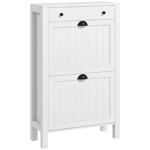 HOMCOM Schmaler Schuhschrank, schmaler Schuhschrank mit 2 Klappschubladen, verstellbaren Ablagen und oberer Schublade für Eingangsbereich, Flur, Weiß von HOMCOM