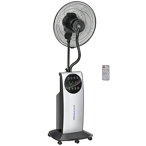 HOMCOM Nebel Ventilator Standventilator mit Sprühnebel, 90W Kühlventilator mit 3,1 L Wassertankkapazität, 3 Luftmodi, Rollen, Fernbedienung, Schwarz von HOMCOM