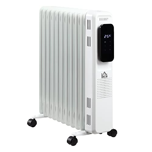 HOMCOM Ölradiator tragbar elektrisch Heizkörper 2290-2720W 3 Heizstufen 24-Stunden-Timing elektrische Heizung 11 Heizplatten mit 4 Rollen Weiß Stahl 50,5 x 24 x 63 cm von HOMCOM