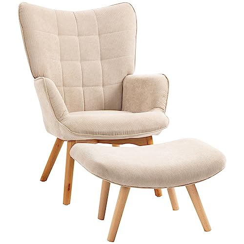 HOMCOM Ohrensessel mit Hocker Sessel Loungesessel mit Cord-Optik, Modern Relaxsessel, Armlehnensessel Lesesessel für Wohnzimmer, Schlafzimmer, Beige von HOMCOM