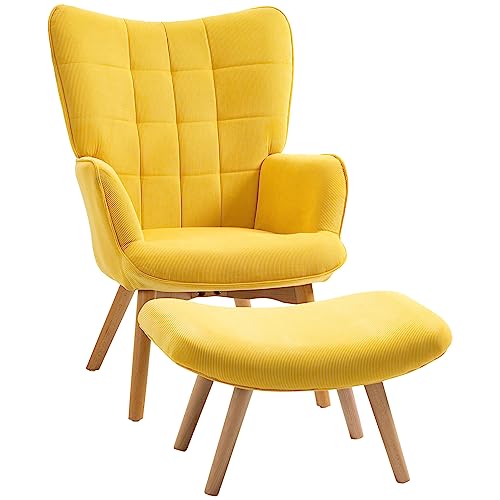HOMCOM Sessel mit Hocker, Ohrensessel mit Hoher Rückenlehne, Holzbeine, Loungesessel mit getuftetem Design, Cord-Optik, für Wohnzimmer, Gelb von HOMCOM