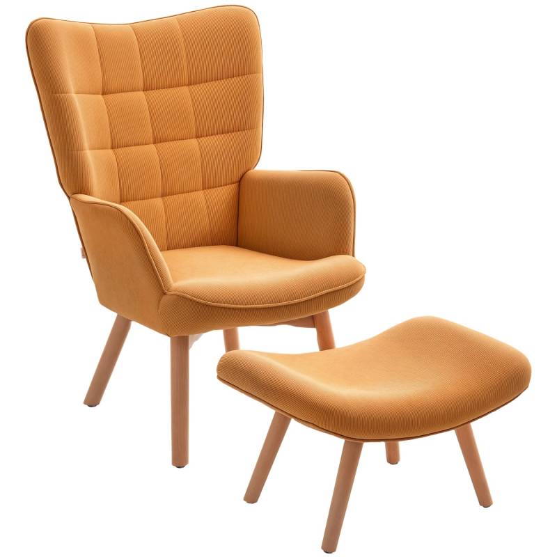 HOMCOM Ohrensessel mit Hocker Kord Braun 72L x 80B x 101H cm von HOMCOM