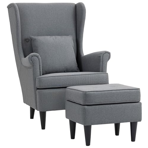 HOMCOM Ohrensessel mit Hocker Sessel mit Leinenoptik, Lendenkissen, Loungesessel Modern Relaxsessel mit Armlehne für Wohnzimmer Grau von HOMCOM
