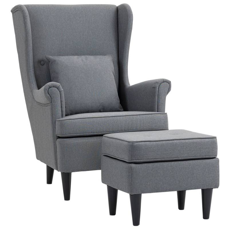 HOMCOM Ohrensessel mit Hocker Sessel mit Leinenoptik Lendenkissen für Wohnzimmer Grau von HOMCOM