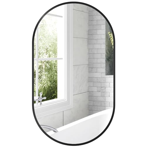 HOMCOM Ovaler Wandspiegel, Badezimmerspiegel, 40 x 70 cm, Abgerundeter Rahmen aus Aluminiumlegierung, vertikale oder horizontale Montage, Wanddekoration für Badezimmer, Wohnzimmer, Schlafzimmer, von HOMCOM