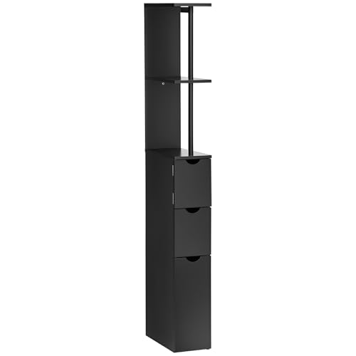 HOMCOM Platzsparender Badezimmerschrank aus Holz, Badezimmerschrank mit Regalen, Schrank und Schubladen, Schwarz, 15x33x136cm von HOMCOM