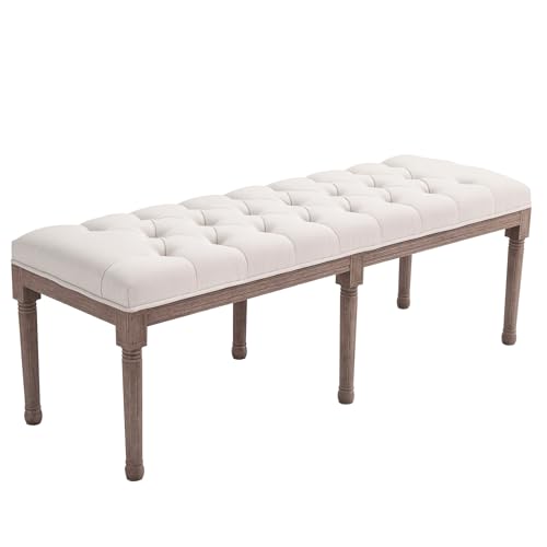HOMCOM Polsterbank Sitzbank Lounge Sitzhocker Vintage Retro mit Knöpfen Leinen + Holz beige 142 x 47 x 51 cm von HOMCOM