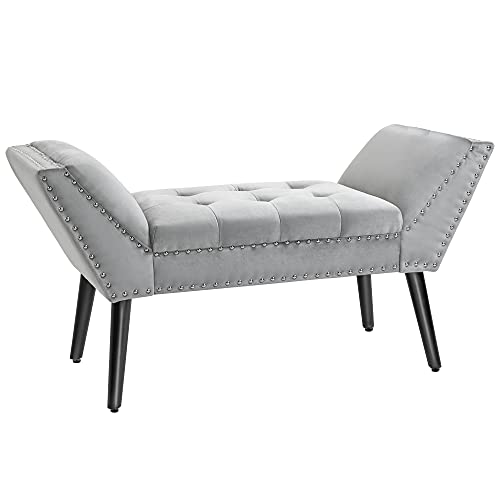 HOMCOM Polsterbank Sitzbank Klavierbank Pianobank mit Samtoptik Bettbank für Schlafzimmer Wohnzimmer, Flur, Gummiholz Hellgrau 114 x 46 x 56 cm von HOMCOM