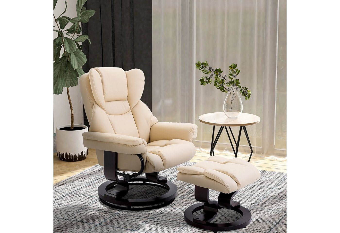 HOMCOM Polsterstuhl Relaxsessel mit Hocker, mit Liegefunktion, Ruhesessel (TV-Sessel, 2 St), bis 160 kg belastbar, Cremeweiß von HOMCOM
