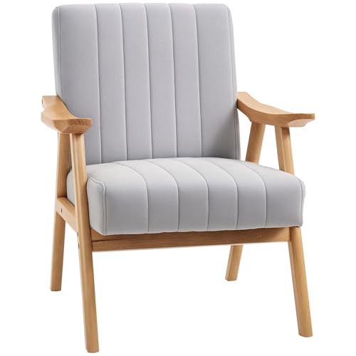 HOMCOM Sessel Wohnzimmer Loungesessel Armlehnstuhl Relaxsessel mit Gummiholzbeine, Polstersessel mit Samtoptik, Lesesessel für Schlafzimmer Arbeitszimmer Hellgrau von HOMCOM