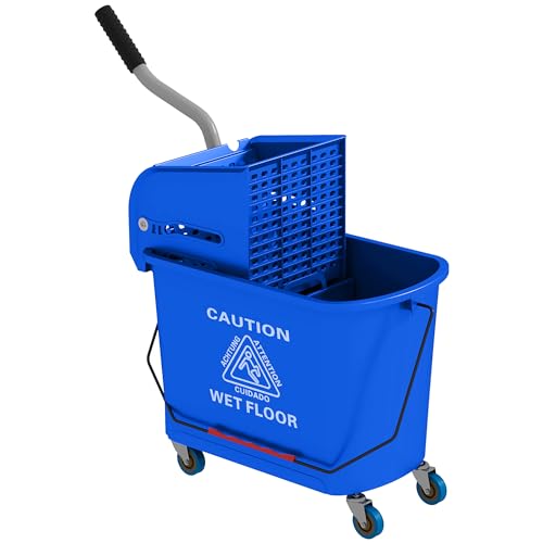 HOMCOM Putzwagen Reinigungswagen mit Wischmopp Presse 20 L Eimer mit Trennwand für Gebäudereinigung Hotel Blau von HOMCOM