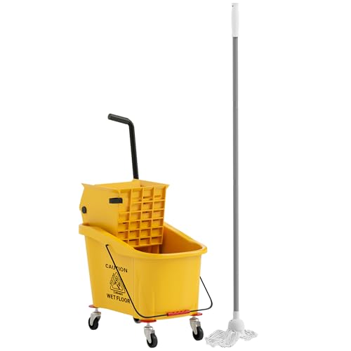 HOMCOM Putzwagen Reinigungswagen 36 Liter Eimer mit Presse, Haushaltswagen mit Mopp und Griff für Gebäudereinigung, Büroreinigung Gelb von HOMCOM