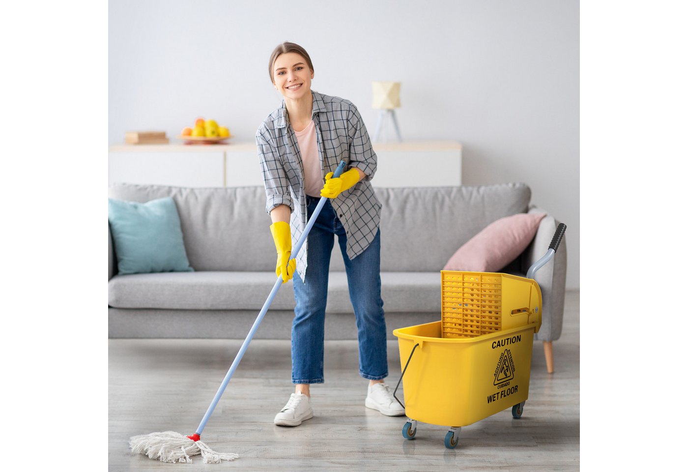 HOMCOM Putzwagen Wischeimer mit Wringer auf Rädern zur Bodenreinigung, (Reinigungswagen, 1-St., Moppeimer), 20 Liter Seitenpress-Wringer mit Griff und Wischmopp, Gelb von HOMCOM