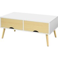 HOMCOM Rechteckiger Couchtisch mit 2 Schubladen und 1 offenen Fach 4 schräge Holzfüße - 90 x 48 x 39 cm - Weiß und Natur   Aosom von HOMCOM