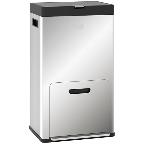 HOMCOM Rechteckiger Tretabfalleimer, 56L, Küchenabfalleimer, 3 Fächer, sanfter Verschluss, aus spurlosem Edelstahl, Abfalleimer mit Rollen, herausnehmbarer Inneneimer, Silber von HOMCOM