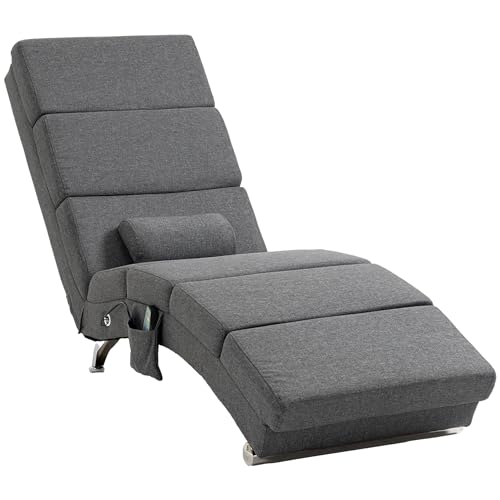 HOMCOM Relaxliege mit 5 Massagemodi Loungesessel mit Lendenkissen, Heizfunktion, Liegesessel mit Seitentasche, Fernbedienung, Leinenoptik, Relaxsessel Chaiselongue Dunkelgrau von HOMCOM