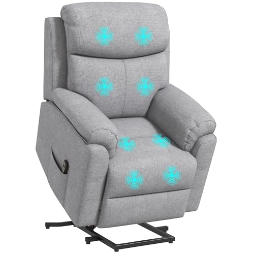 HOMCOM Relaxsessel Elektrisch Fernsehsessel mit Aufstehhilfe, 5 Massagemodi, Liegefunktion, Massagesessel mit Fußteil, Leinenoptik, Seitentasche und Fernbedienung, für Wohnzimmer, Grau von HOMCOM