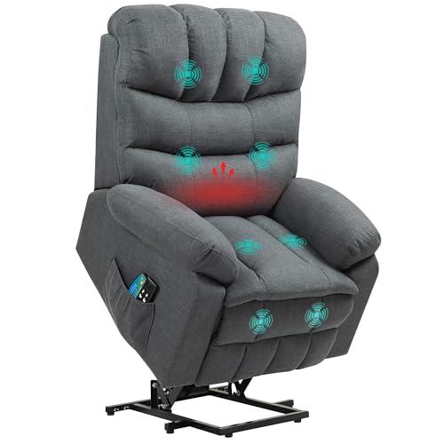HOMCOM Relaxsessel Elektrisch mit verstellbar Kopfstütze Fernsehsessel mit Aufstehhilfe Massage- und Wärmefunktion Liegefunktion Massagesessel mit Fernbedienung Seitentasche Leinenoptik Dunkelgrau von HOMCOM