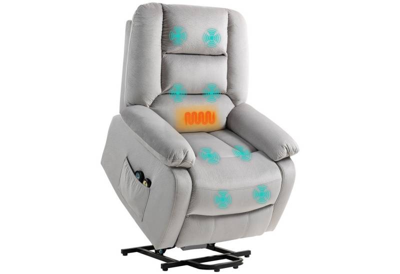 HOMCOM Relaxsessel Fernsehsessel mit Aufstehhilfe (Massagesessel mit Liegefunktion, Wärme- und Massagefunktion, 1-St., TV Sessel mit Taschenfederkernsystem), Fernbedienung, Seitentasche, Hellgrau von HOMCOM