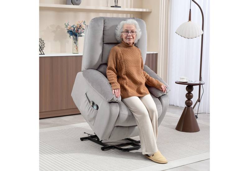 HOMCOM Relaxsessel Fernsehsessel mit Aufstehhilfe (Massagesessel mit Liegefunktion, Wärme- und Massagefunktion, 1-St., TV Sessel mit Taschenfederkernsystem), Fernbedienung, Seitentasche, Hellgrau von HOMCOM